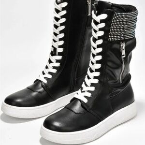 Cape Robbin Black Lace Up Boots with White Accents